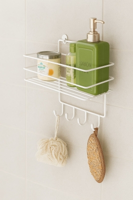 Paslanmaz Beyaz Yapışkanlı Banyo Duş Rafı Şampuanlık, 4 Kancalı, Dayanıklı, Şık Düzenleyici - TŞ-01 - 6