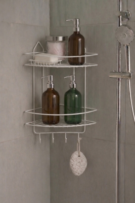 Paslanmaz Beyaz Yapışkanlı Banyo Köşeliği Düzenleyici, Şampuanlık, Duş Rafı 2 Katlı EK-02 - Sas Haus