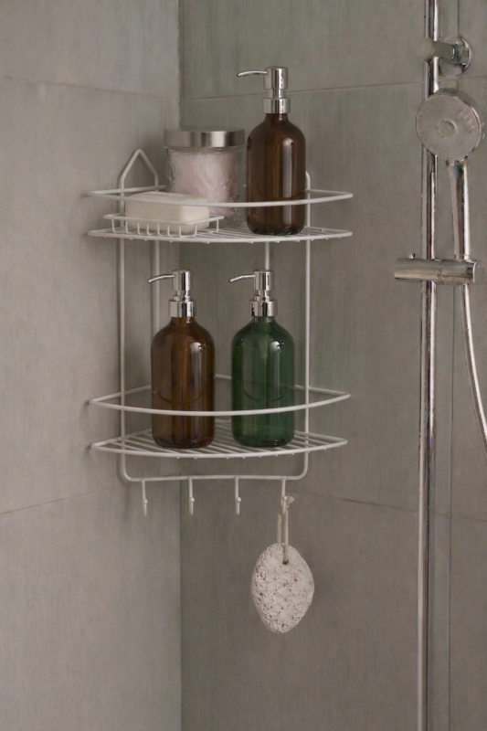 Paslanmaz Beyaz Yapışkanlı Banyo Köşeliği Düzenleyici, Şampuanlık, Duş Rafı 2 Katlı EK-02 - 1