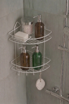 Paslanmaz Beyaz Yapışkanlı Banyo Köşeliği Düzenleyici, Şampuanlık, Duş Rafı 2 Katlı EK-02 - 2