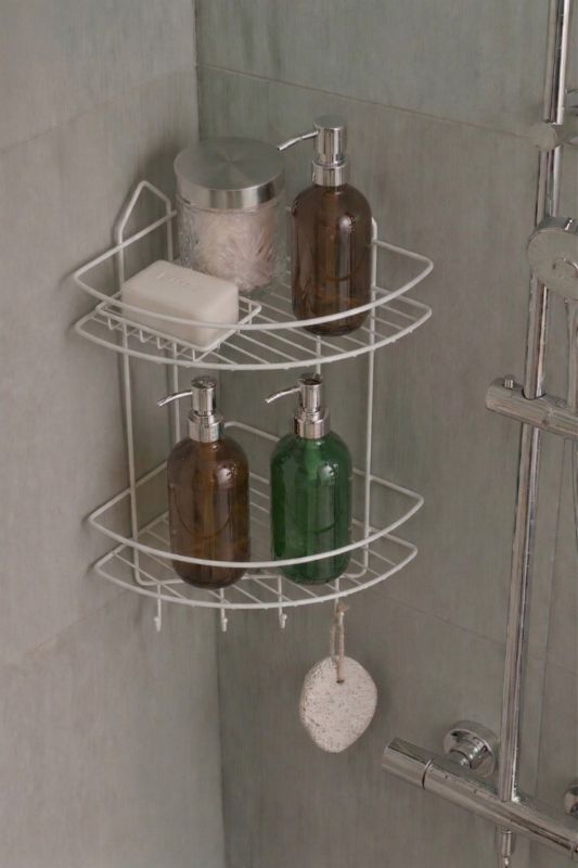 Paslanmaz Beyaz Yapışkanlı Banyo Köşeliği Düzenleyici, Şampuanlık, Duş Rafı 2 Katlı EK-02 - 2