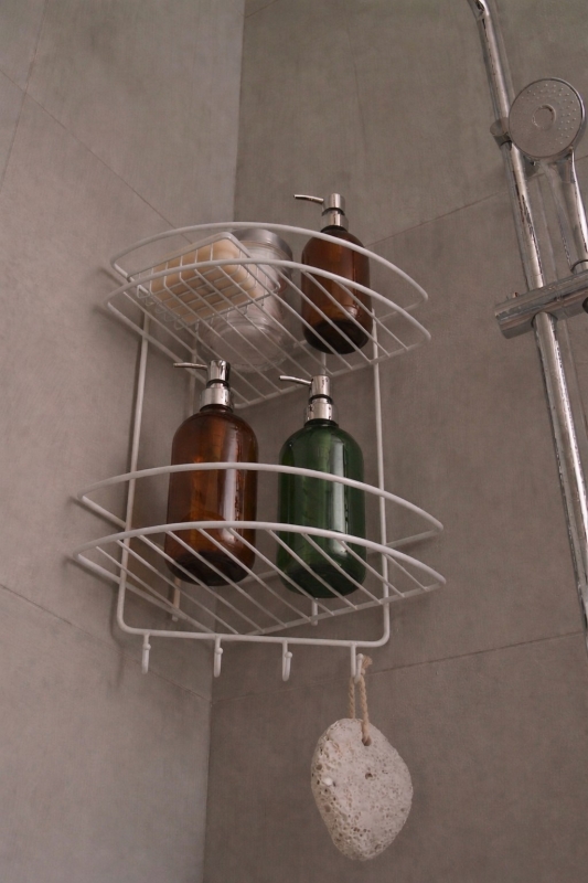 Paslanmaz Beyaz Yapışkanlı Banyo Köşeliği Düzenleyici, Şampuanlık, Duş Rafı 2 Katlı EK-02 - 4