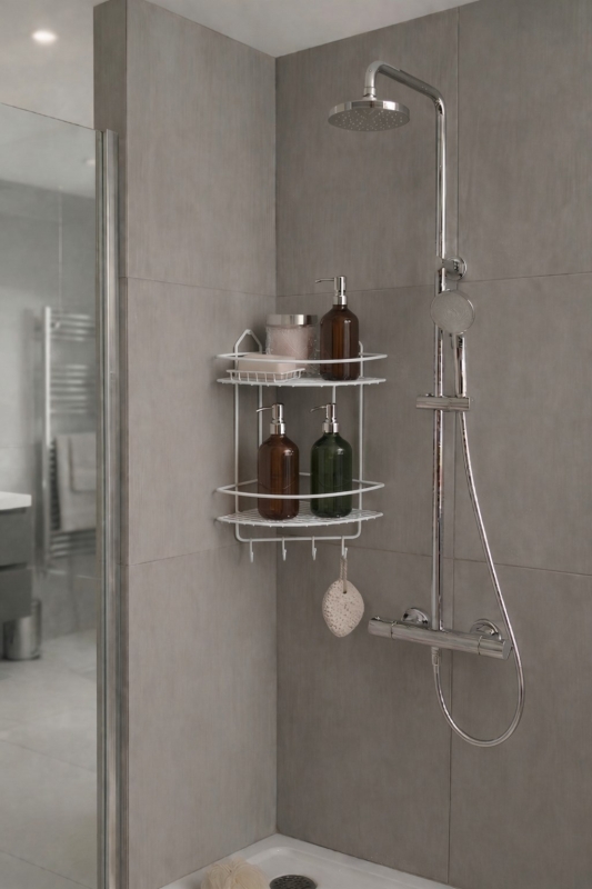 Paslanmaz Beyaz Yapışkanlı Banyo Köşeliği Düzenleyici, Şampuanlık, Duş Rafı 2 Katlı EK-02 - 6