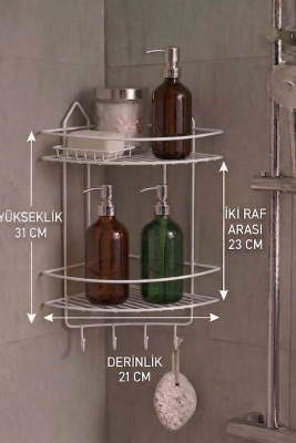 Paslanmaz Beyaz Yapışkanlı Banyo Köşeliği Düzenleyici, Şampuanlık, Duş Rafı 2 Katlı EK-02 - 7