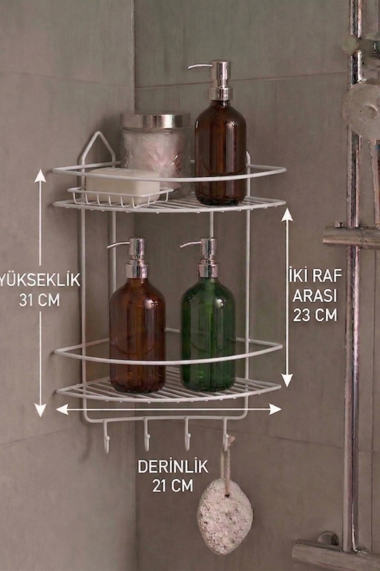Paslanmaz Beyaz Yapışkanlı Banyo Köşeliği Düzenleyici, Şampuanlık, Duş Rafı 2 Katlı EK-02 - 7