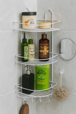 Paslanmaz Beyaz Yapışkanlı Banyo Köşeliği Düzenleyici, Şampuanlık, Duş Rafı 3 Katlı EK-03 - 4