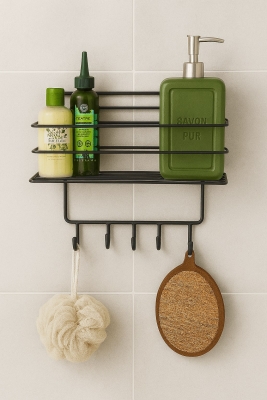 Paslanmaz Siyah Yapışkanlı Banyo Duş Rafı Şampuanlık, 4 Kancalı, Dayanıklı, Şık Düzenleyici - TŞ-01 - Sas Haus