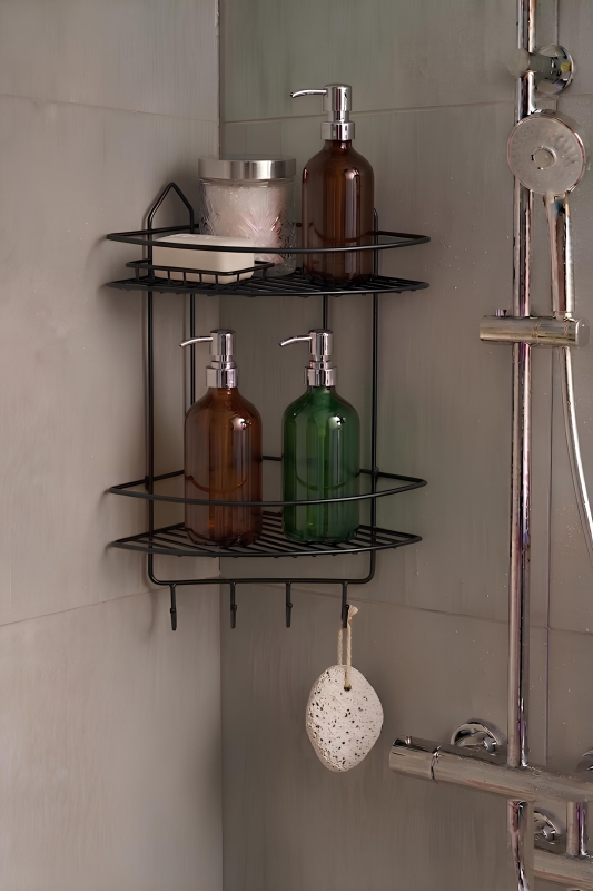 Paslanmaz Siyah Yapışkanlı Banyo Köşeliği Düzenleyici, Şampuanlık, Duş Rafı 2 Katlı EK-02 - 1