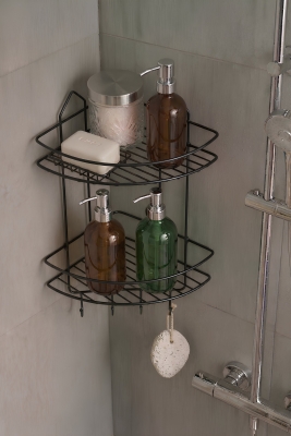 Paslanmaz Siyah Yapışkanlı Banyo Köşeliği Düzenleyici, Şampuanlık, Duş Rafı 2 Katlı EK-02 - 2