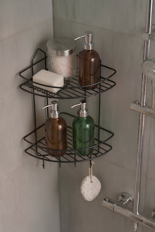 Paslanmaz Siyah Yapışkanlı Banyo Köşeliği Düzenleyici, Şampuanlık, Duş Rafı 2 Katlı EK-02 - 2