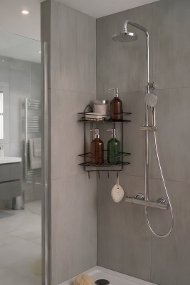 Paslanmaz Siyah Yapışkanlı Banyo Köşeliği Düzenleyici, Şampuanlık, Duş Rafı 2 Katlı EK-02 - 6