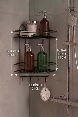 Paslanmaz Siyah Yapışkanlı Banyo Köşeliği Düzenleyici, Şampuanlık, Duş Rafı 2 Katlı EK-02 - 7