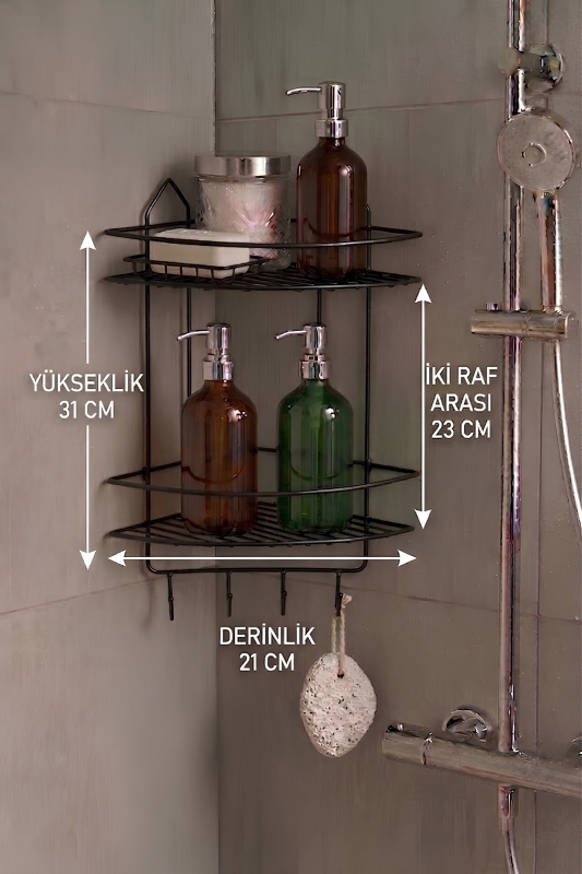 Paslanmaz Siyah Yapışkanlı Banyo Köşeliği Düzenleyici, Şampuanlık, Duş Rafı 2 Katlı EK-02 - 7