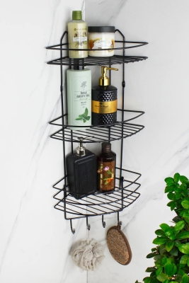 Paslanmaz Siyah Yapışkanlı Banyo Köşeliği Düzenleyici, Şampuanlık, Duş Rafı 3 Katlı EK-03 - Sas Haus