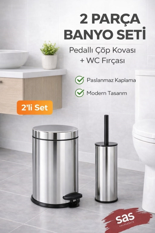 Pedallı 8 Lt Paslanmaz Metal Çöp Kovası ve Tuvalet Fırçası, 2’li Banyo ve WC Seti – Krom Titan 7108 - 1