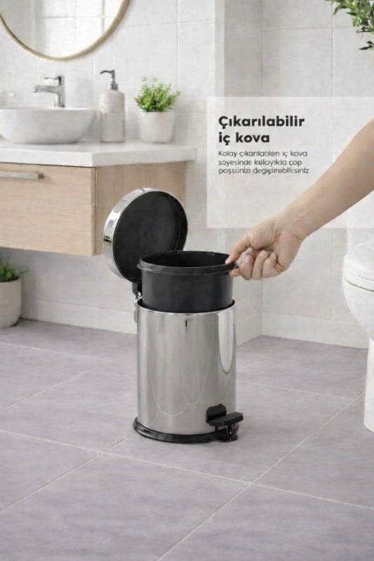 Pedallı 8 Lt Paslanmaz Metal Çöp Kovası ve Tuvalet Fırçası, 2’li Banyo ve WC Seti – Krom Titan 7108 - 8