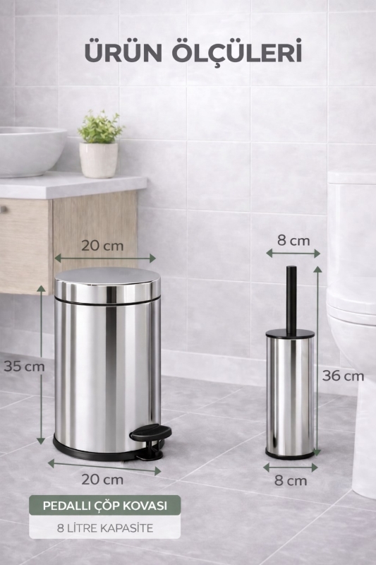 Pedallı 8 Lt Paslanmaz Metal Çöp Kovası ve Tuvalet Fırçası, 2’li Banyo ve WC Seti – Krom Titan 7108 - 2