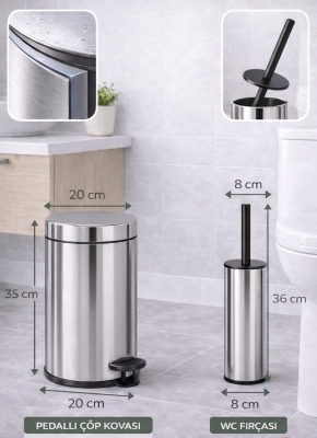 Pedallı 8 Lt Paslanmaz Metal Çöp Kovası ve Tuvalet Fırçası, 2’li Banyo ve WC Seti – Krom Titan 7108 - 3
