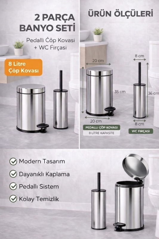 Pedallı 8 Lt Paslanmaz Metal Çöp Kovası ve Tuvalet Fırçası, 2’li Banyo ve WC Seti – Krom Titan 7108 - 4