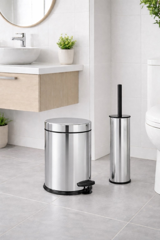 Pedallı 8 Lt Paslanmaz Metal Çöp Kovası ve Tuvalet Fırçası, 2’li Banyo ve WC Seti – Krom Titan 7108 - 5