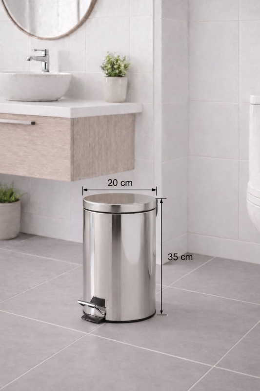 Pedallı 8 Lt Paslanmaz Metal Çöp Kovası ve Tuvalet Fırçası, 2’li Banyo ve WC Seti – Krom Titan 7108 - 6