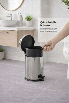 Pedallı 8 Lt Paslanmaz Metal Çöp Kovası ve Tuvalet Fırçası, 2’li Banyo ve WC Seti – Krom Titan 7108 - 8