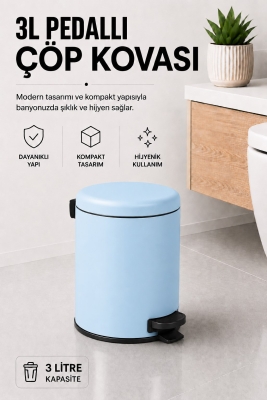 Pedallı Çöp Kovası 3 Litre İç Kovalı Kapaklı Banyo Çöp Kutusu Bebek Mavisi - Elit 7003 - Sas Haus