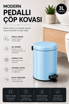 Pedallı Çöp Kovası 3 Litre İç Kovalı Kapaklı Banyo Çöp Kutusu Bebek Mavisi - Elit 7003 - 2