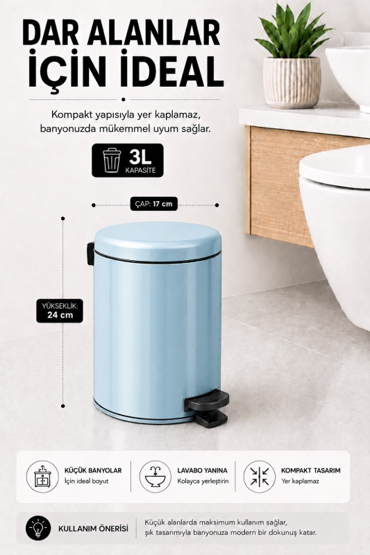 Pedallı Çöp Kovası 3 Litre İç Kovalı Kapaklı Banyo Çöp Kutusu Bebek Mavisi - Elit 7003 - 3