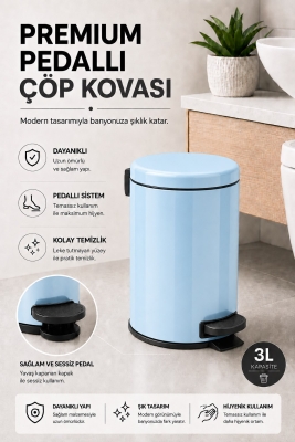 Pedallı Çöp Kovası 3 Litre İç Kovalı Kapaklı Banyo Çöp Kutusu Bebek Mavisi - Elit 7003 - 4