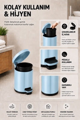 Pedallı Çöp Kovası 3 Litre İç Kovalı Kapaklı Banyo Çöp Kutusu Bebek Mavisi - Elit 7003 - 5