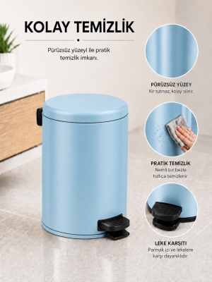 Pedallı Çöp Kovası 3 Litre İç Kovalı Kapaklı Banyo Çöp Kutusu Bebek Mavisi - Elit 7003 - 6