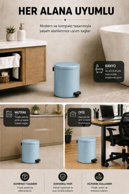Pedallı Çöp Kovası 3 Litre İç Kovalı Kapaklı Banyo Çöp Kutusu Bebek Mavisi - Elit 7003 - 7