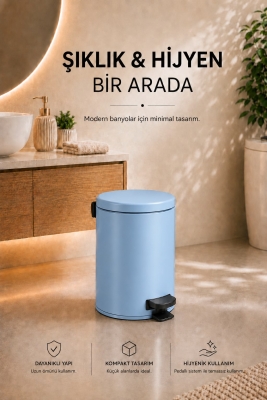 Pedallı Çöp Kovası 3 Litre İç Kovalı Kapaklı Banyo Çöp Kutusu Bebek Mavisi - Elit 7003 - 8