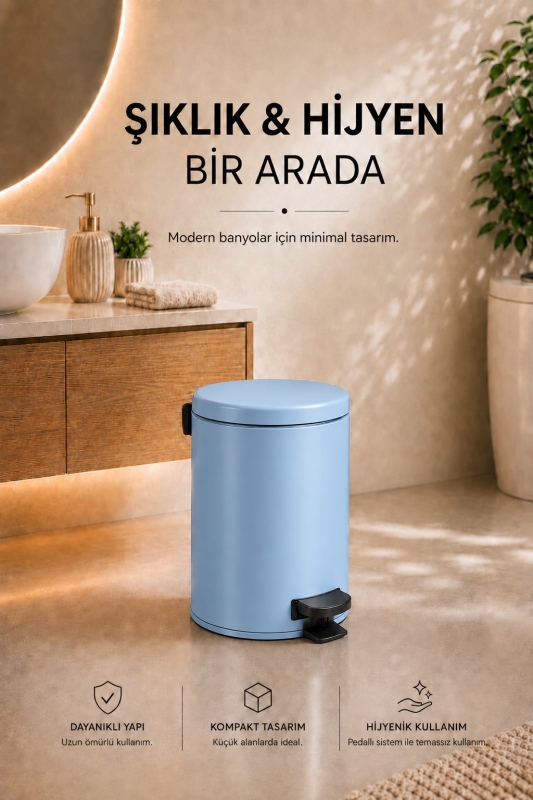 Pedallı Çöp Kovası 3 Litre İç Kovalı Kapaklı Banyo Çöp Kutusu Bebek Mavisi - Elit 7003 - 8