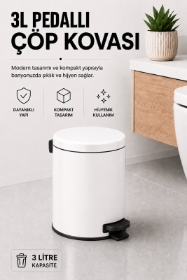 Pedallı Çöp Kovası 3 Litre İç Kovalı Kapaklı Banyo Çöp Kutusu Beyaz - Elit 7003 - Sas Haus