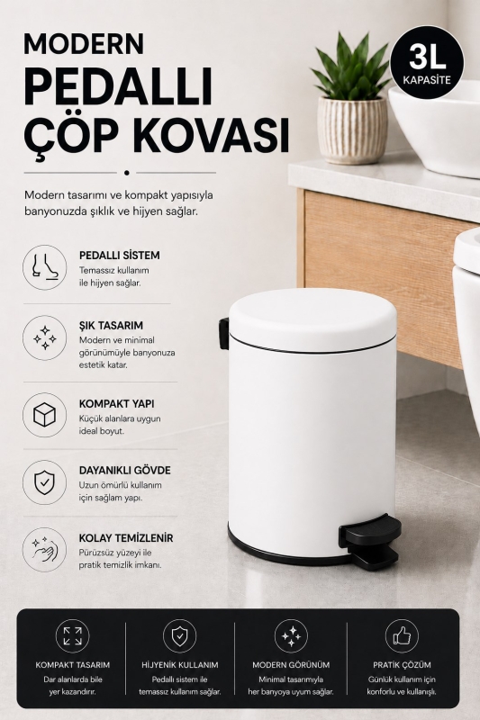 Pedallı Çöp Kovası 3 Litre İç Kovalı Kapaklı Banyo Çöp Kutusu Beyaz - Elit 7003 - 2