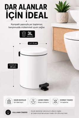 Pedallı Çöp Kovası 3 Litre İç Kovalı Kapaklı Banyo Çöp Kutusu Beyaz - Elit 7003 - 3