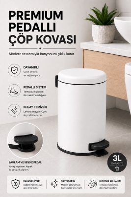 Pedallı Çöp Kovası 3 Litre İç Kovalı Kapaklı Banyo Çöp Kutusu Beyaz - Elit 7003 - 4