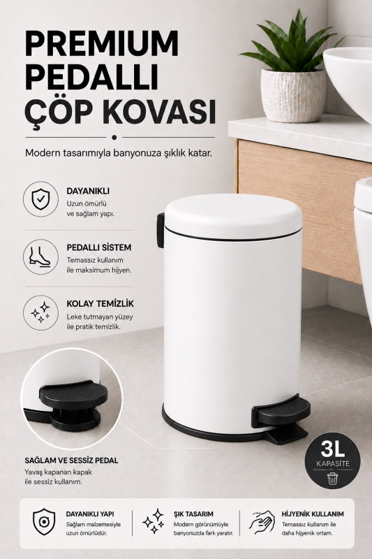 Pedallı Çöp Kovası 3 Litre İç Kovalı Kapaklı Banyo Çöp Kutusu Beyaz - Elit 7003 - 4