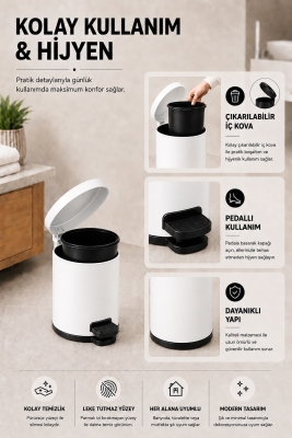 Pedallı Çöp Kovası 3 Litre İç Kovalı Kapaklı Banyo Çöp Kutusu Beyaz - Elit 7003 - 5