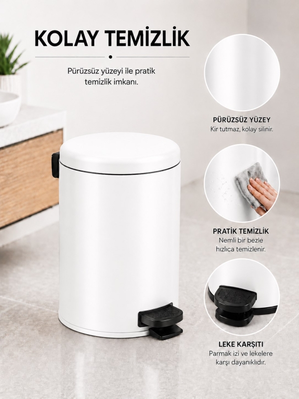Pedallı Çöp Kovası 3 Litre İç Kovalı Kapaklı Banyo Çöp Kutusu Beyaz - Elit 7003 - 6