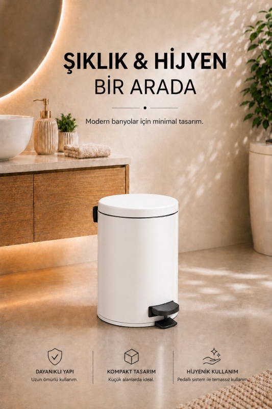 Pedallı Çöp Kovası 3 Litre İç Kovalı Kapaklı Banyo Çöp Kutusu Beyaz - Elit 7003 - 8