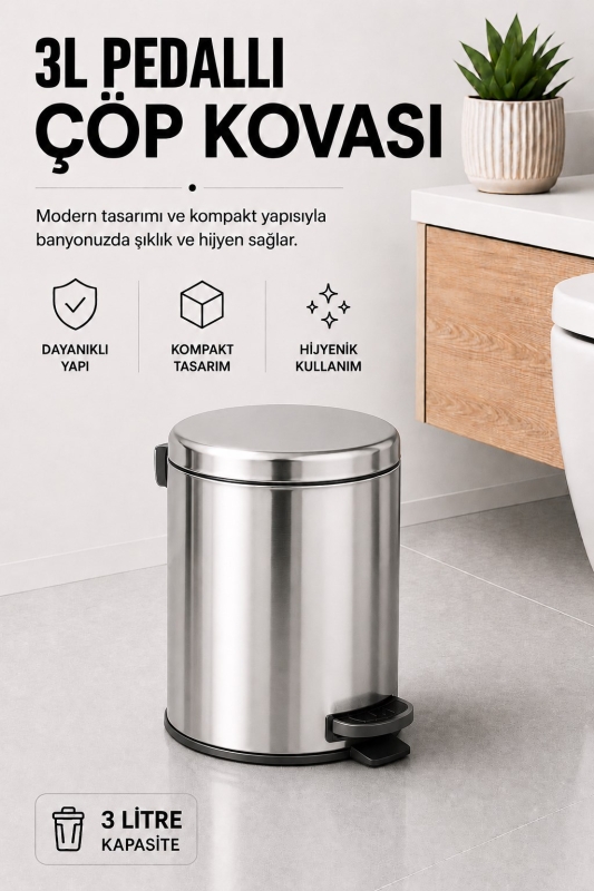 Pedallı Çöp Kovası 3 Litre İç Kovalı Kapaklı Banyo Çöp Kutusu Krom - Elit 7003 - 1