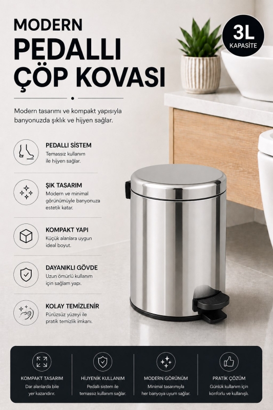 Pedallı Çöp Kovası 3 Litre İç Kovalı Kapaklı Banyo Çöp Kutusu Krom - Elit 7003 - 2