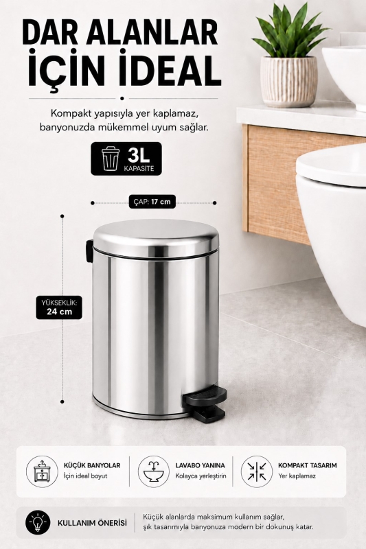 Pedallı Çöp Kovası 3 Litre İç Kovalı Kapaklı Banyo Çöp Kutusu Krom - Elit 7003 - 3