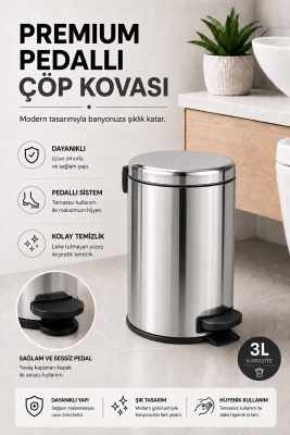 Pedallı Çöp Kovası 3 Litre İç Kovalı Kapaklı Banyo Çöp Kutusu Krom - Elit 7003 - 4
