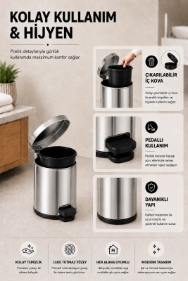 Pedallı Çöp Kovası 3 Litre İç Kovalı Kapaklı Banyo Çöp Kutusu Krom - Elit 7003 - 5