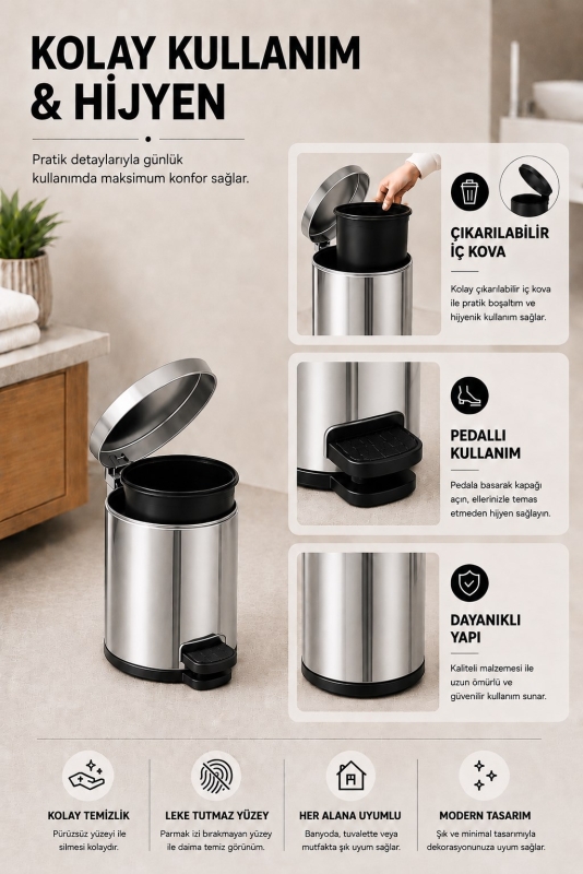 Pedallı Çöp Kovası 3 Litre İç Kovalı Kapaklı Banyo Çöp Kutusu Krom - Elit 7003 - 5