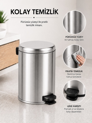 Pedallı Çöp Kovası 3 Litre İç Kovalı Kapaklı Banyo Çöp Kutusu Krom - Elit 7003 - 6